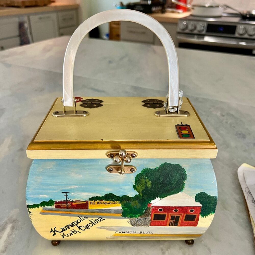 Vintage Box Purse, Kannapolis NC, Handmade Hand-Painted Townscape, Lucite, Swing